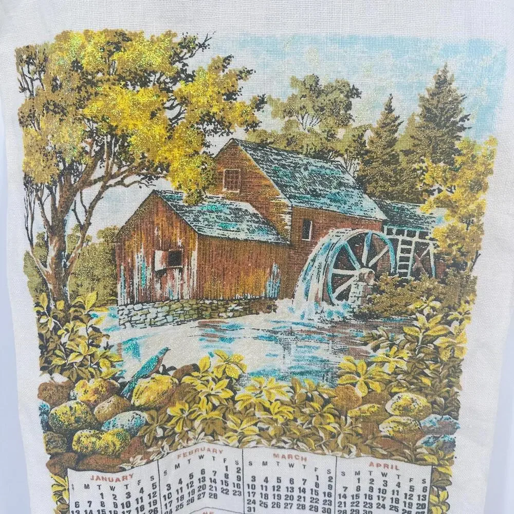 Vintage Linen Kitchen Cloth Calendar Year 1974 Old Country Mill Birthday Glitter